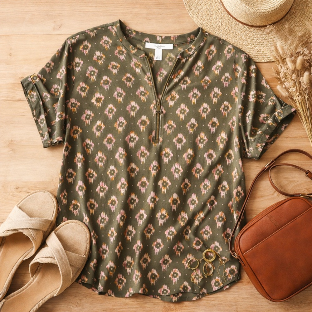 Maurices Olive Green Ikat Floral Zip Blouse XXL Boho Cottagecore